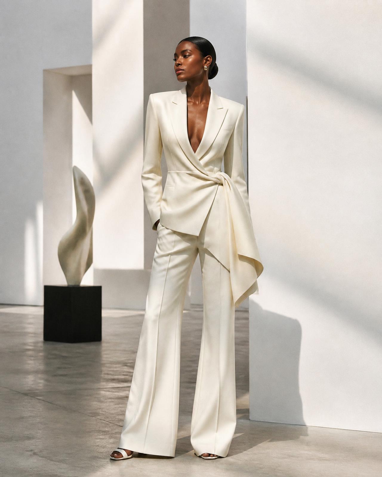 Model wearing Stylevana's ivory asymmetric suit in a sunlit gallery