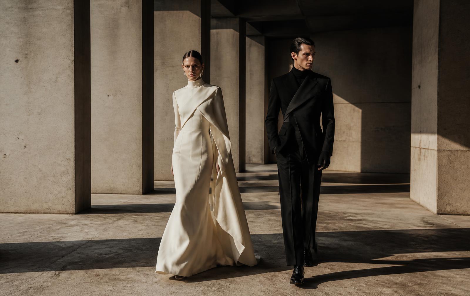 Stylevana evening tailoring in a brutalist colonnade